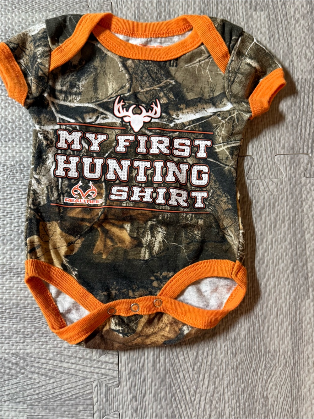 Realtree Camo Baby Onesie with Bright Orange Trim